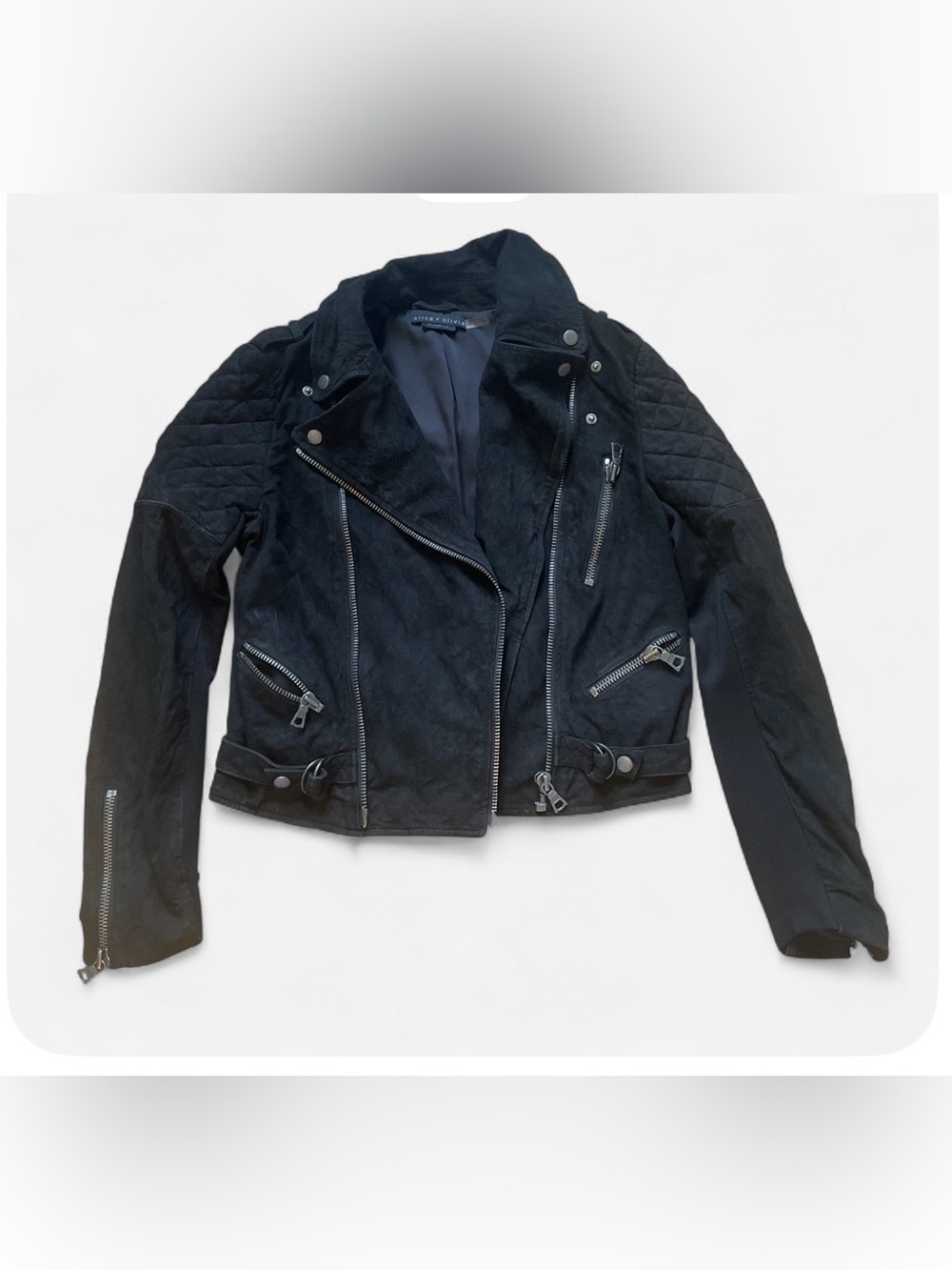 Alice + Olivia Black Quilted Moto Suede Jacket